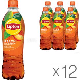 Lipton, Упаковка 12 шт. х 0,5 л, Чай чорний холодний Персик Ліптон, ПЕТ