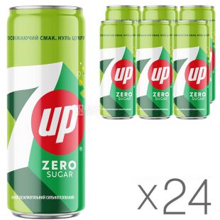 7Up Zero sugar, Упаковка 24 шт. х 330 мл, Севен Ап, Напиток сильногазированный со вкусом лимона, без сахара, ж/б