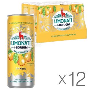 Borjomi Limonati, Упаковка 12 шт. х 0,33 л, Лимонад газированный Груша Боржоми, ж/б