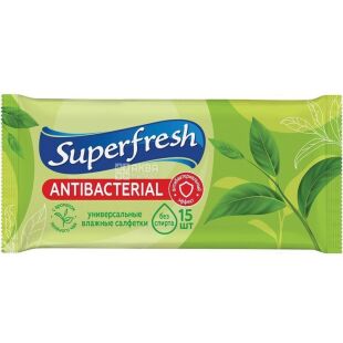 Super Fresh, 15 шт., СуперФреш, Вологі серветки антибактеріальні, кишенькові