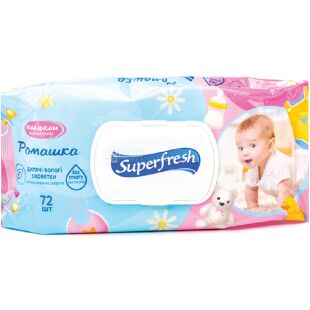 Superfresh Baby, 72 шт., Супер Фреш, Серветки вологі для дітей, Ромашка, з клапаном