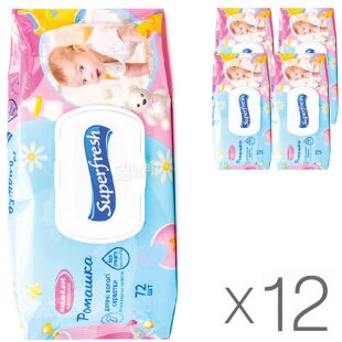 Superfresh, Упаковка 12 шт. х 72 шт., Суперфреш, Салфетки влажные для детей, Ромашка, с клапаном