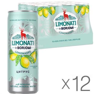 Borjomi Limonati, Упаковка 12 шт. х 0,33 л, Лимонад газированный Цитрус Боржоми, ж/б