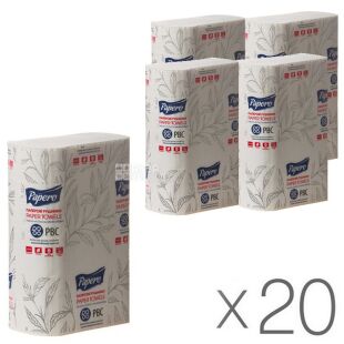 Papero, Упаковка 20 шт. х 150 шт., Паперо, Рушники паперові листові 2-шарові, V-складання, білі, 21х19 м