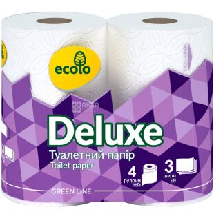 Ecolo, Deluxe, 4 рул.,Туалетная бумага Эколо Делюкс, 3-х слойная