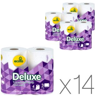 Ecolo, Deluxe, Упаковка 14 шт. по 4 рул., Туалетний папір Еколо Делюкс, 3-х шаровий