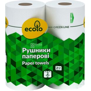 Ecolo Paper towels, 2 рул., Паперові рушники Еколо, 2-шарові, 8 м, 45 аркушів, 225 х 180 мм