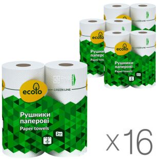 Ecolo Paper towels, Упаковка 16 шт. х 2 рул., Бумажные полотенца Эколо, 2-х слойные,8 м, 45 листов, 225 х 180 мм