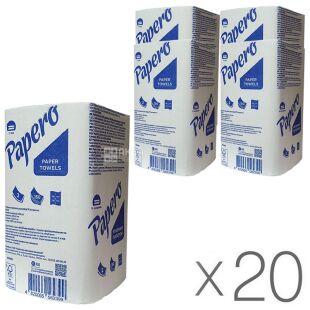 Papero, Упаковка 20 шт. х 150 шт., Паперо, Рушники паперові листові 2-шарові, V-складання, білі, 21х19 м