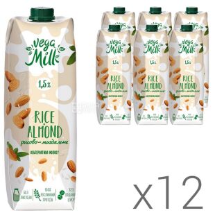 Vega Milk, Упаковка 12 шт. х 950 мл, Мидальный напиток с рисом, без сахара, 1,5 %