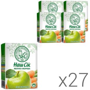 Наш Сік, Упаковка 27 шт. х 0,2 л, Сік Морквяно-Яблучний з м'якоттю, з трубочкою