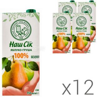 Наш сок, Упаковка 12 шт. х 0,95л, Сок Яблоко-Груша, без сахара