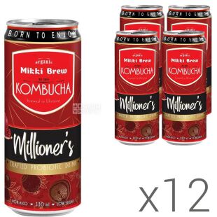 Mikki Brew Millioner's, Упаковка 12 шт. х 330 мл, Комбуча Микки Брю Миллионерс, с гранотовым вкусом, ж/б
