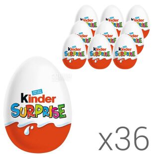 Kinder Surprise, 36 шт. х 20 г, Шоколадне яйце, Кіндер Сюрприз, в асортименті