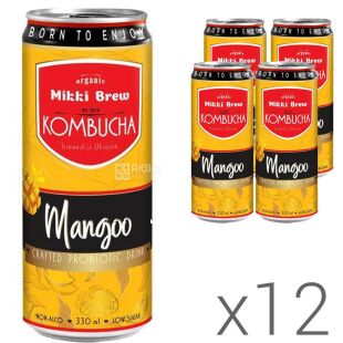 Mikki Brew Mangoo, Упаковка 12 шт. х 330 мл, Комбуча Микки Брю, Манго, ж/б