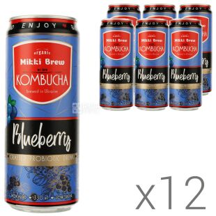 Mikki Brew Blueberry, упаковка 12 шт. х 330 мл, Комбуча Микки Брю, Черника, ж/б