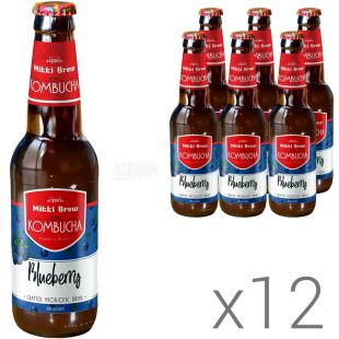 Mikki Brew Blueberry, упаковка 12 шт. х 350 мл, Комбуча Микки Брю, Черника, стекло