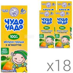 Чудо Чадо, Упаковка 18 шт. х 0,2л, Сок для детей с 4 месяцев Яблоко-Груша с мякотью, с трубочкой