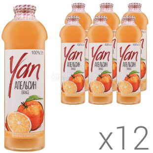 Yan, Упаковка 12 шт. х 0,93 л, Сік Апельсиновий Ян, без цукру, скло