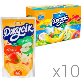 Джусік, Упаковка 10 шт. х 0,2 л, Напій соковий Мультифруктовий, з трубочкою