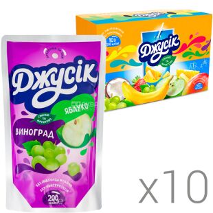 Джуссик, Упаковка 10 шт. х 0,2л, Напиток соковый Яблоко-виноград освещенный Джусик, с трубочкой