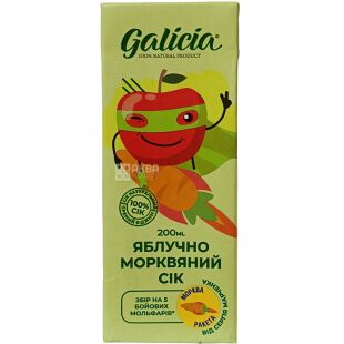 Galicia, 0,2 л, Сік з м'якоттю Яблучно-Морквяний Галіція, без цукру,  з трубочкою