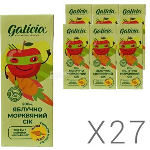 Galicia, Упаковка 27 шт. х 0,2 л, Сік з м'якоттю Яблучно-Морквяний Галіція, без цукру, з трубочкою