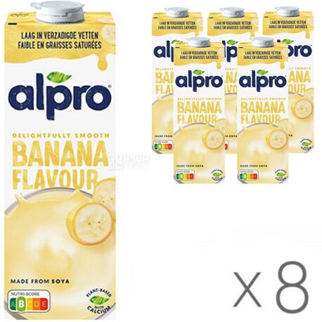 Alpro, Soya Banana, Упаковка 8 шт. по 1 л, Алпро, Соевое молоко, со вкусом банана, витаминизированное