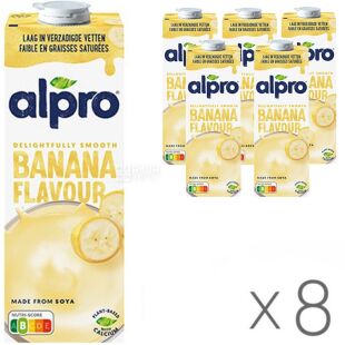 Alpro, Soya Banana, Упаковка 8 шт. по 1 л, Алпро, Соєве молоко, зі смаком банана, вітамінізоване