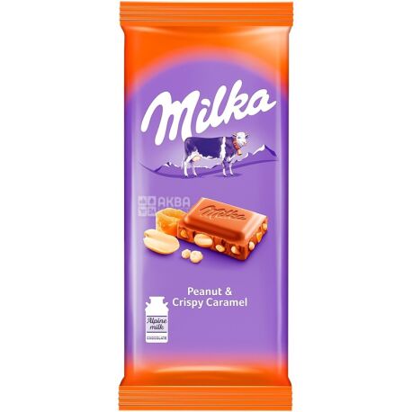 Milka, 90 г, Милка, Шоколад молочный с арахисом и карамелью