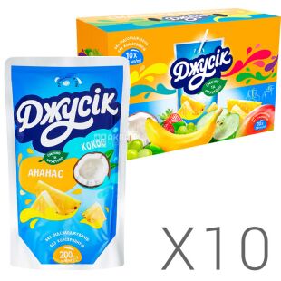 Джусик, Упаковка 10 шт. х 0,2 л, Напиток соковый Ананас-Кокос, с трубочкой