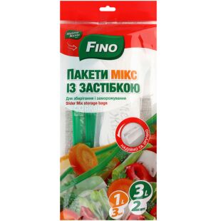 Fino, 5 шт., Пакети з застібкою для зберігання та заморозки, 1л (18х20 см), 3л (27х28 см) 