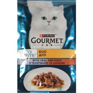 Gourmet Perle Duo, 85 г, Корм для котів, З телятиною і качкою в підливі