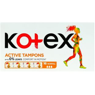 Кotex, Active Normal, 16 шт., Гигиенические тампоны, без аппликатора, 3 капли