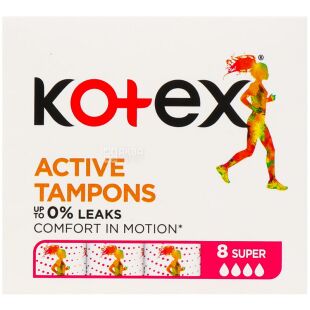 Кotex, Active Super, 8 шт., Гигиенические тампоны, без аппликатора, 4 капли