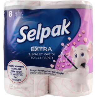Selpak Extra, 8 рул., Туалетний папір Селпак Екстра, 3-х шаровий, 130 відривів, 96х120 мм, 15,6 м