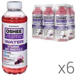 OSHEE Vitamin Water, Упаковка 6 шт. х 0,555 л, Напій негазований вітамізований Червоний Виноград та Пітахаї, ПЕТ