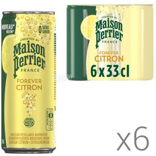 aison Perrier Lemon, Упаковка 6 шт. х 0,33 л, Вода газована мінеральна зі смаком Лимона Пер'є, без цукру, ж/б
