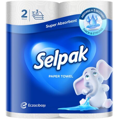 Selpak, Super Absorbent, 2 рул., Паперові рушники Селпак, 3-шарові, 10,5 м, 80 аркушів, 218х131 мм
