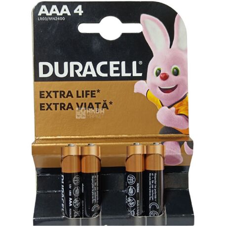 Duracell Extra life, ААА, 4 шт., 1.5 V, Батарейки лужні LR03