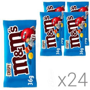 M&M's, Упаковка 24 шт. х 36 г, Драже с рисовыми шариками в молочном шоколаде и разноцветной глазури
