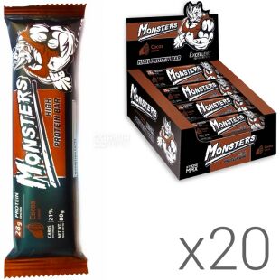 Monsters Cocoa High Protein bar, Упаковка 20 шт. х 80 г, Монстерс, Батончик протеиновый со вкусом какао