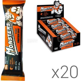 Monsters Dried apricots High Protein bar, Упаковка 20 шт. х 80 г, Монстерс, Батончик протеиновый с курагой