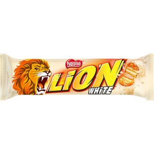 Lion White Rock, 42 г, Лайон Вайт Рок, Карамельно-вафельный батончик в белом шоколаде, в ассортименте