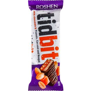 Roshen, TidBit, 50 г, Рошен ТидБит, Батончик шоколадный с нугой, карамелью и арахисом