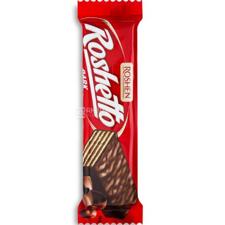 Roshen, 34 г, Рошен Рошетто, Вафельный батончик, Черный шоколад