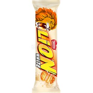 Lion White Rock, 42 г, Лайон Вайт Рок, Карамельно-вафельный батончик в белом шоколаде, в ассортименте
