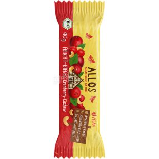 Allos, 40 г, Аллос, Батончик с клюквой и кешью, органический