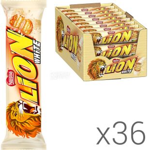 Lion White Rock, Упаковка 36 шт. х 42 г, Лайон Вайт Рок, Карамельно-вафельный батончик в белом шоколаде