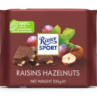 Ritter Sport, 100 г, Рітер Спорт, Шоколад молочний з фундуком і родзинками